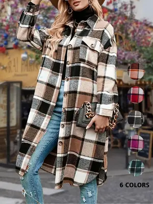Women's Colorblock Plaid Print Button Front Drop Shoulder Coat, Casual Long Sleeve Collared Pocket Coat for Fall & Winter, Wo...