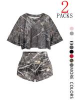 Women's Solid/all Over Print Crop Tee & Shorts Two-piece Set, Casual Fitted Short Sleeve T-shirt & Shorts for Daily Wear, Goi...