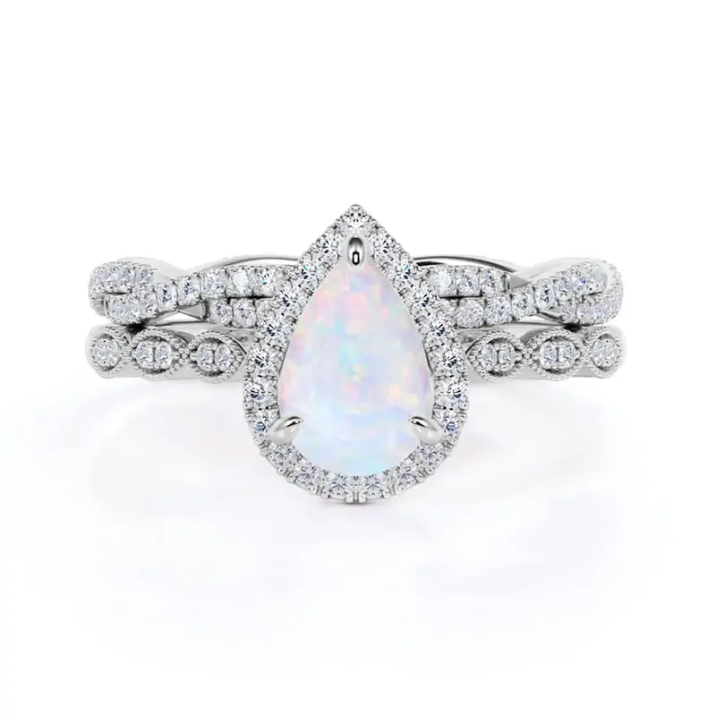 Sterling Silver Moissanite Drop Shape Blue Opal Personalized Engraving Engagement Ring