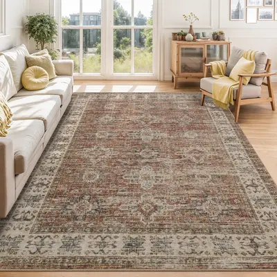 Garvee 5x7 Washable Area Rugs, Soft Vintage Large Area Rugs for Living Room, Boho Farmhouse Low Pile Non-Slip Indoor Throw Ca...