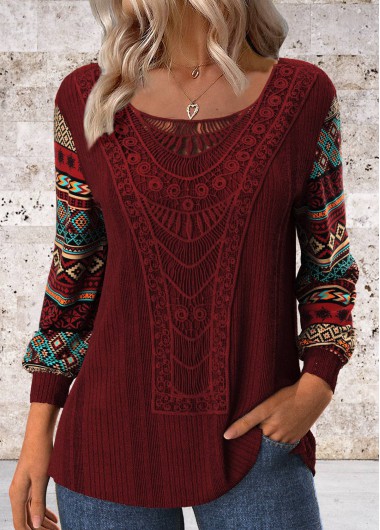 Modlily Wine Red Patchwork Tribal Print Long Sleeve T Shirt - XL