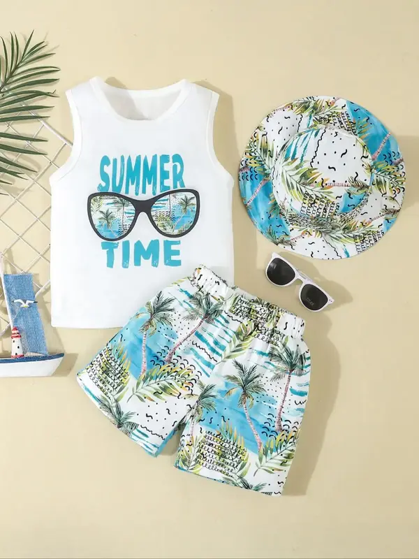 Toddler Boy's Tropical Print Three-piece Set, Casual Tank Top & Elastic Waist Shorts & Sun Hat Set, Summer Outfits for Beach ...