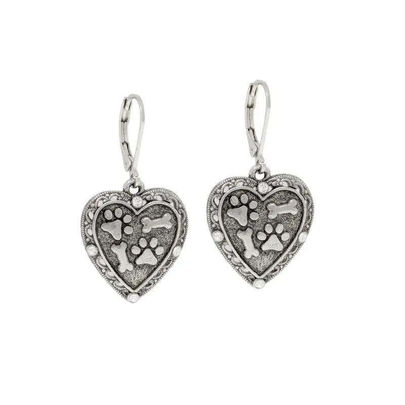 Silver Tone Heart Paw and Bones Drop Earrings