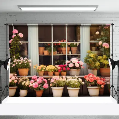 Pink Yellow Floral Window Spring Photo Backdrop - Aperturee