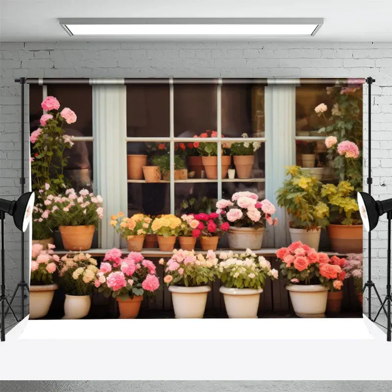 Pink Yellow Floral Window Spring Photo Backdrop - Aperturee