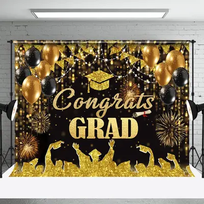 Congrats Grad Gold Glitter Balloon Graduation Backdrop - Aperturee