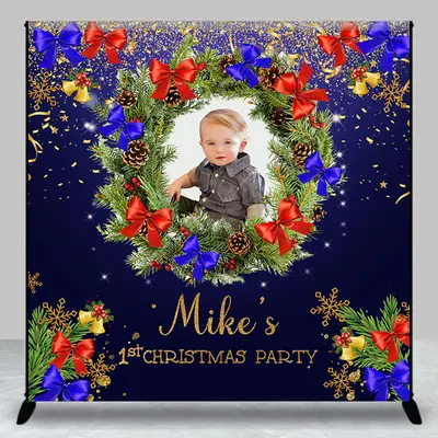 Dark Blue Wreath Custom Photo 1st Christmas Backdrop - Aperturee