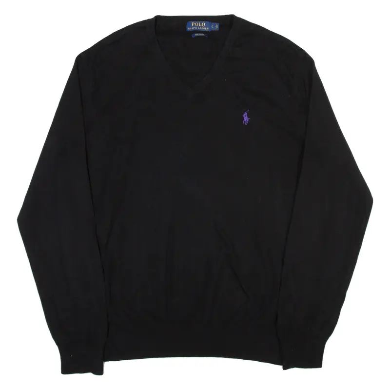 POLO RALPH LAUREN Pima Cotton Mens Jumper Black V-Neck Tight Knit L