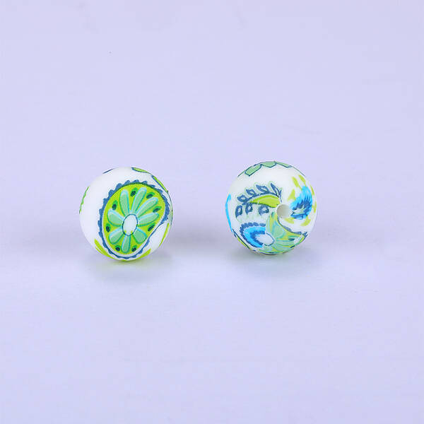 Printed Round with kiwi Pattern Silicone Focal Beads