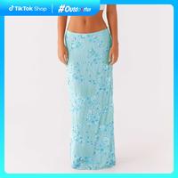 Women Summer Skirt Casual Elegant Sequin Floral Embroidery Long Skirt for Beach Vacation Club Streetwear