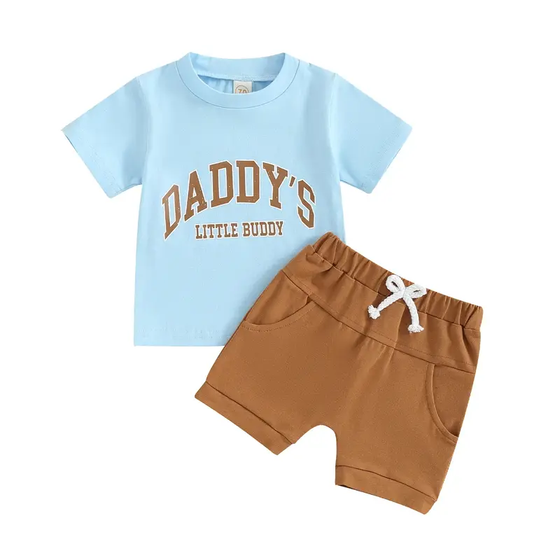 Toddler Boy Summer Clothes Letter Print Short Sleeve T-Shirt with Elastic Waist Solid Color Shorts 2Pcs Outfit 0-3 Years