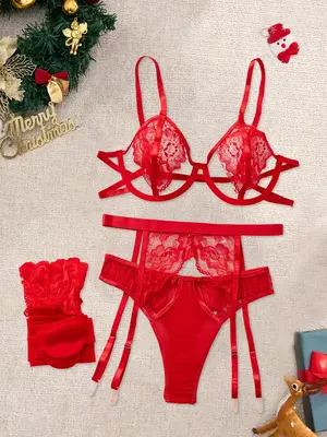 Christmas Sexy Lace Quality Women's Lingerie Set, Floral Pattern, Fitted Cut Out Design, Thin Sheer Style, All Seasons Wear