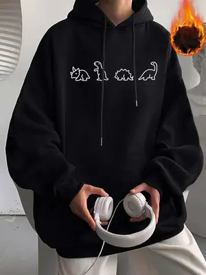 Unisex Men's Cartoon Dinosaur Print Drawstring Baggy Hoodie, Casual Pocket Sweatshirt for Daily Outdoor Wear, Men Fall & Wint...