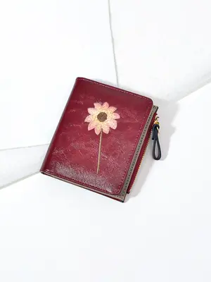 Women's Elegant Flower Embroidery Short Wallet, Fashionable PU Leather Zipper Bifold, Multi-card Slot Card Holder, Casual Ver...