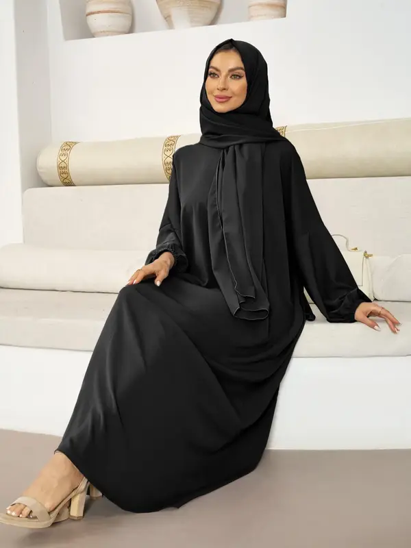 Women's Solid Pocket Bishop Sleeve Kaftan & Hijab Set, Elegant Long Sleeve High Neck Dress & Hijab for Daily Wear, Muslim Fas...