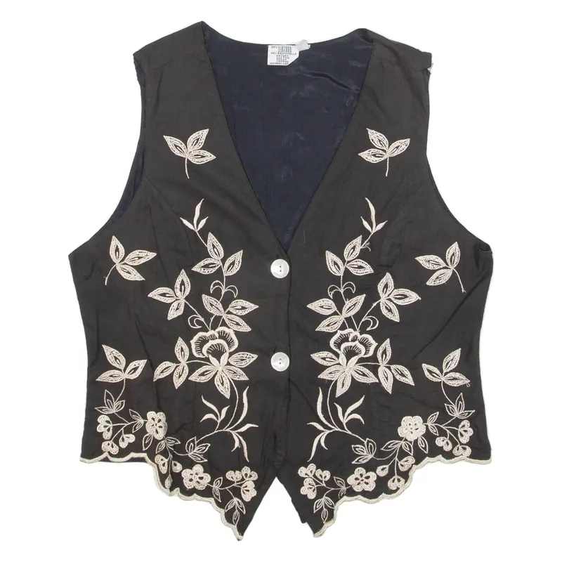 Womens Blazer Waistcoat Black Viscose Floral UK 12