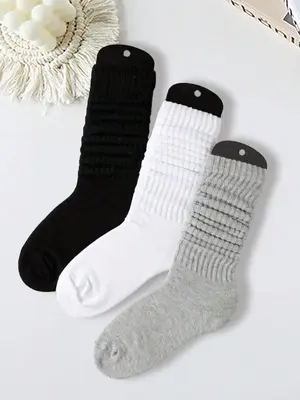 Women's 3 Pairs Solid Slouch Crew Socks, Baggy Socks, Fashion Casual Comfy Socks for Daily Outdoor Wear, Ladies Socks for All...