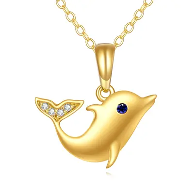 14K Gold Cubic Zirconia Dolphin Necklace for Women