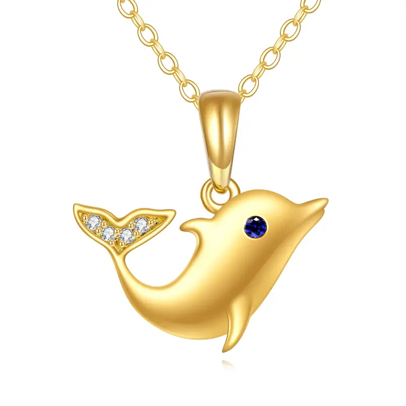 14K Gold Cubic Zirconia Dolphin Necklace for Women