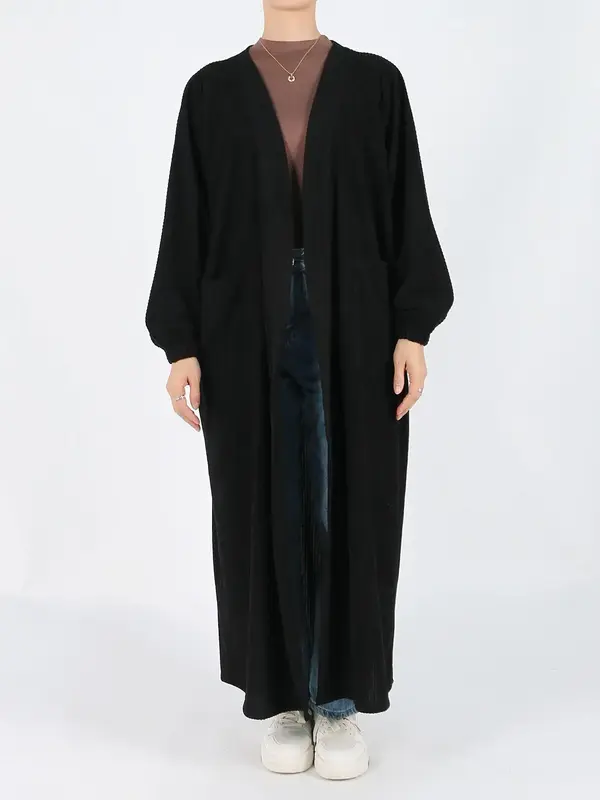 Women's Solid Drop Shoulder Pocket Open Front Coat, Casual Long Sleeve Outerwear for Fall & Winter, Ladies Clothes for Daily ...