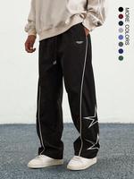 Men's Loose Star Pattern Contrast Binding Drawstring Waist Straight Leg Pants, Athletic Casual Pocket Elastic Waist Trousers ...