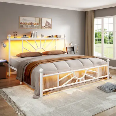 Raybee Queen Size Metal Bed Frame with Headboard & LED, NO MATTRESS, Full Size Bed Frame with Strong Metal Slats, No Box Spri...