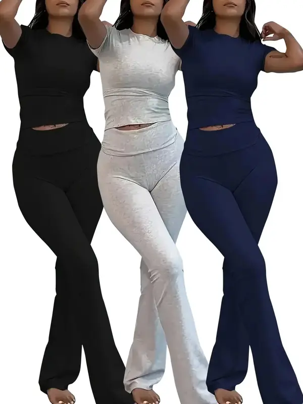 Women's Solid Loungewear Set, Casual Short Sleeve Crop Top & High Waist Flare Leg Pants, Ladies Sleepwear for All Seasons