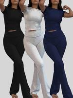 Women's Solid Loungewear Set, Casual Short Sleeve Crop Top & High Waist Flare Leg Pants, Ladies Sleepwear for All Seasons, Pa...