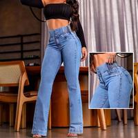ChicMe Women's Back Shirred Button Front cinch Jeans High Waist Pants with Pockets