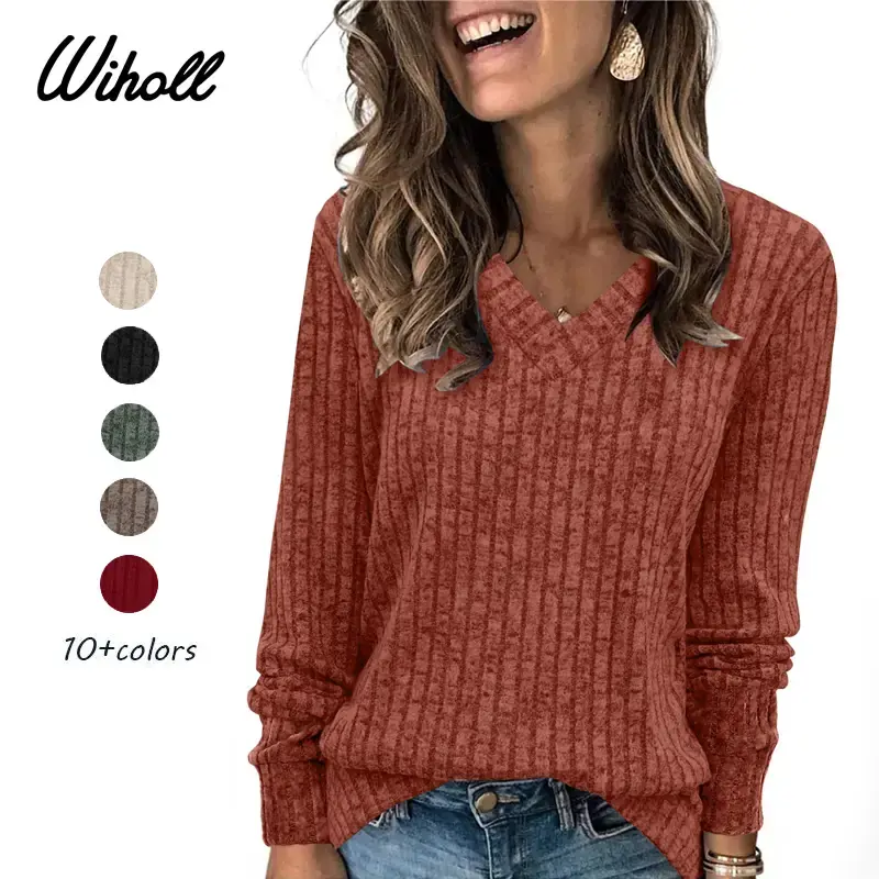 Wiholl Women's V-Neck Long Sleeve Knit Sweater | Lightweight & Wrinkle-Resistant Autumn Design | Oversized Loose Fit Sweater ...