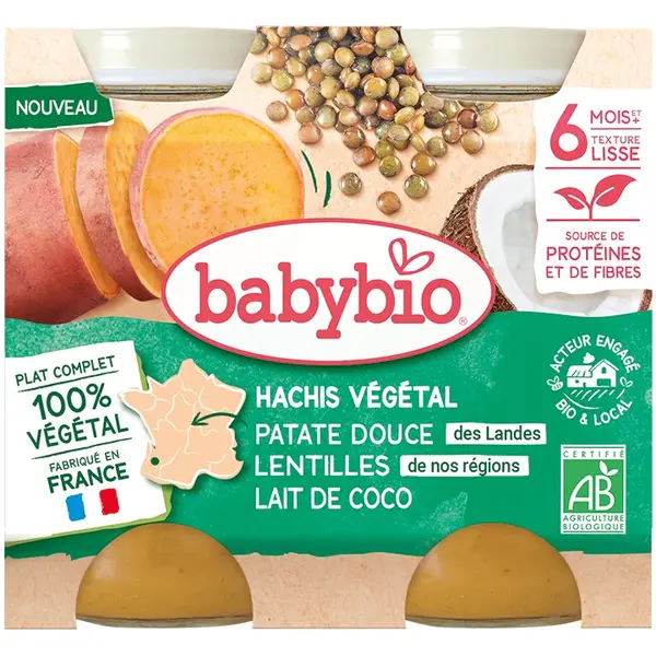 Babybio Midi Vegetarian Chopped Vegetable Jars - 6 Months and + - Sweet Potato, Lentils, Coconut Milk 2x200g