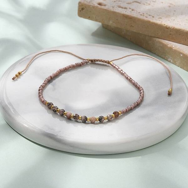 2mm Faceted Natural Rhodonite Beaded Braided Adjustable Bracelets for Women
