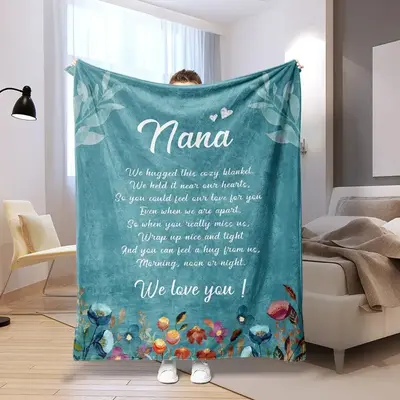 Floral & Letter Print Flannel Blanket, Soft Throw Blanket for All Seasons, Warm Blanket for Bed Couch Sofa Chair Office Campi...