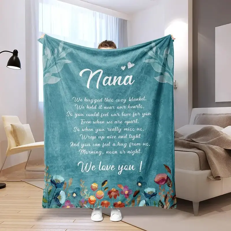 Floral & Letter Print Flannel Blanket, Soft Throw Blanket for All Seasons, Warm Blanket for Bed Couch Sofa Chair Office Campi...