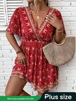 【Plus Size】 Floral Print V Neck Romper, Boho Casual Short Sleeve Romper for Beach Vacation Holiday, Women's Plus Clothing...