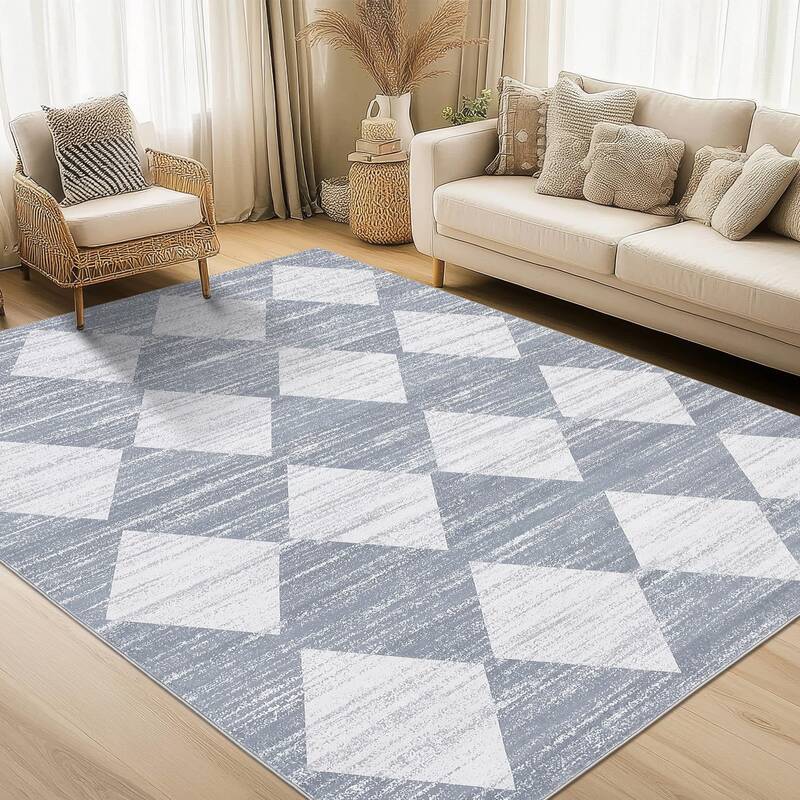 Garvee Plaid Grey 9x12 Distressed Trellis Checkered Area Rug - Soft Faux Wool, Stain Resistant, Non-Slip TPR Backing, Living ...
