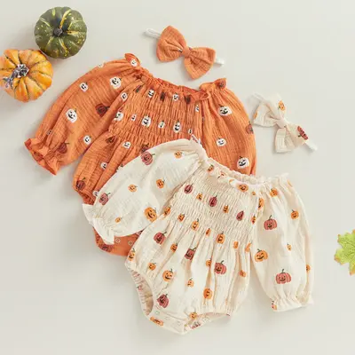 REDWOON Baby Girl Halloween outfit Cute Pumpkin Romper Long Sleeve Bodysuit First Halloween Outfit Newborn Girl Fall Clothes