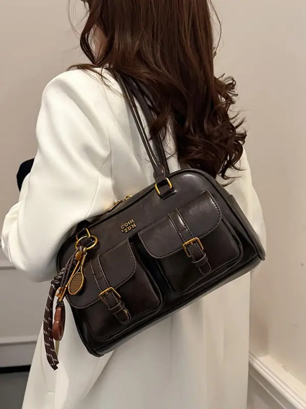 Women's Retro Solid Color PU Leather Shoulder Bag, Large Capacity Crossbody Bag with Detachable Accessory Charm, Casual Trend...