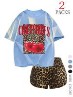 Women's Cherries Print Short Sleeve T-shirt & Leopard Print Shorts Two-piece Set, Casual Round Neck Tee & Skinny Shorts, Ladi...