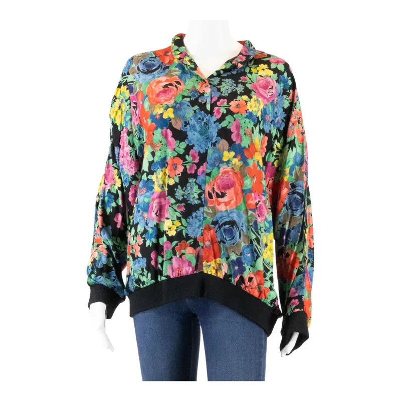 HATRICK Womens Blouse Black Collared Long Sleeve Floral L