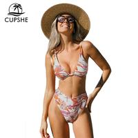 CUPSHE Coral Flower Bikini Top & V-Waist Bottoms Set Summer Beachwear Adjustable Straps Underwire Swimwear Fashion Swimsuit S...