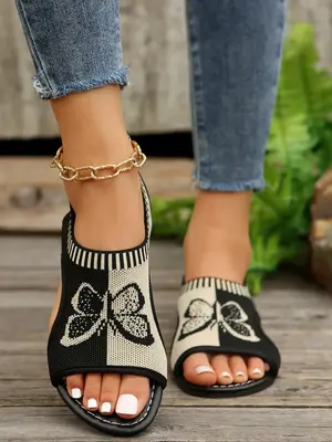 Women's Colorblock Butterfly Print Slip on Sandals, Girl Casual Comfortable Round Toe Flat Sandals for Summer, Lightweight Be...