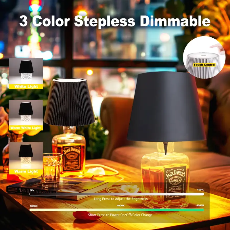 Wireless Bottle Lamp 3 Color Dimmable Lights Touch Lamp Head for Room Bar Restaurant Party Decor & Gifts Waterproof Stepless ...