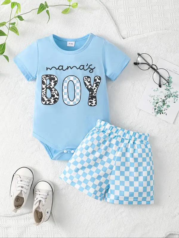 Baby Boy's Letter Print Short Sleeve Bodysuit & Checkerboard Print Shorts Set, Casual Summer Outfits Clothes for Infant, Newb...