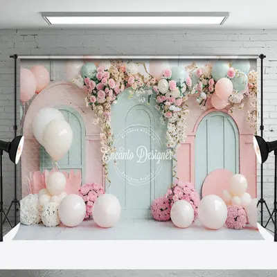 Green Pink Balloons Floral Cake Smash Photo Backdrop - Aperturee