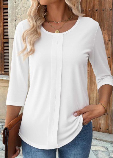 Modlily White Curved Hem 3/4 Sleeve Round Neck T Shirt - XXL