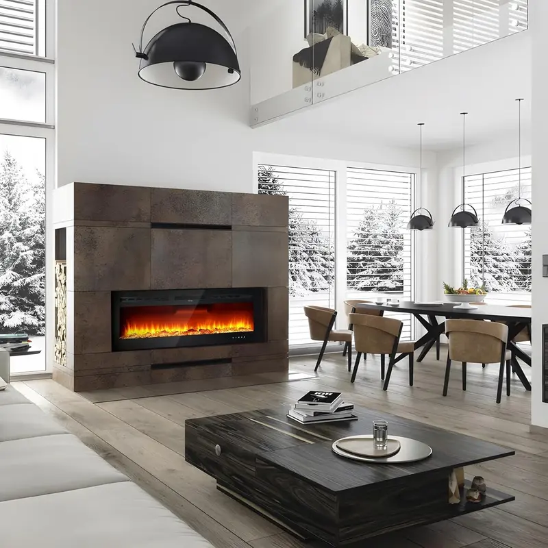 Garvee 90 Inch Recessed Wall Mounted Electric Fireplace Heater, 1500W with Adjustable Flame, Remote Control, Powder Coated Fi...
