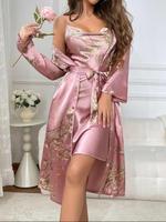 2 Piece Set Women's Floral Print Pyjama Set, Girl Nightwear, Elegance Casual Cowl Neck Cami Nightdress & Long Sleeve Belted ...