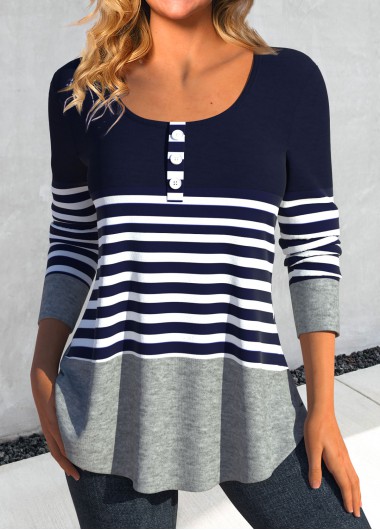 Modlily Navy Patchwork Striped Long Sleeve T Shirt - XXL