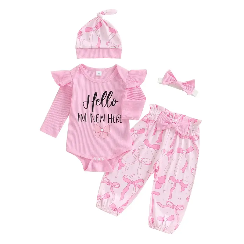 Newborn Come Home Outfits Baby Girls 4pcs Outfits Set Long Sleeve Romper Top Bow Print Trousers Hat Headband Set Infant Fall ...